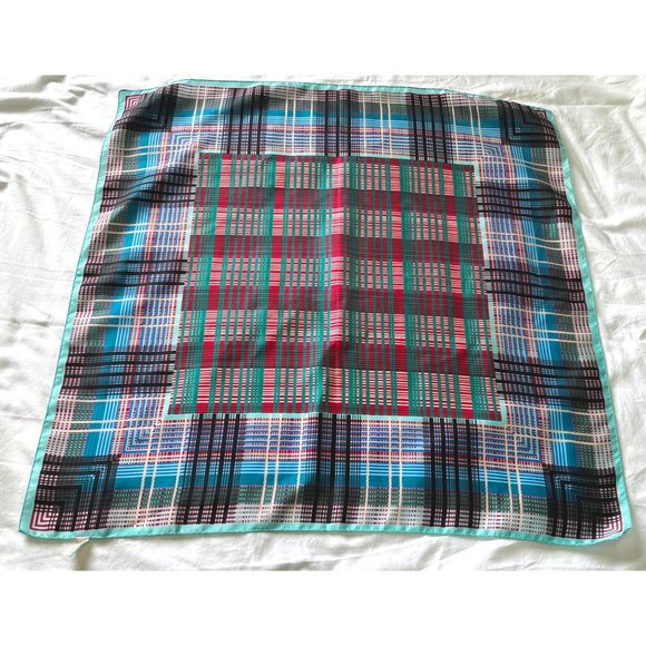Vintage Morsly Scarf Tartan Plaid Square Geometric Italy 27" Blue Green - Picture 10 of 10